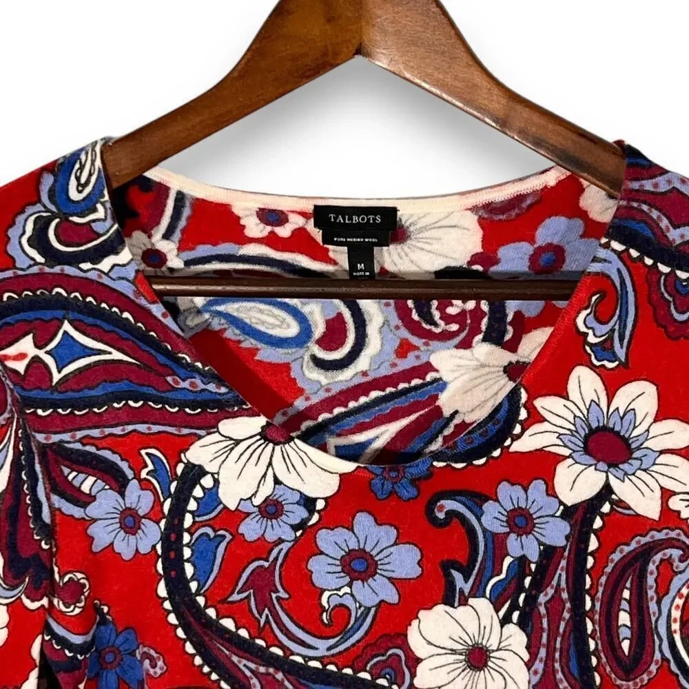 Talbots Merino Wool Paisley Floral Retro Pullover Sweater Size Large